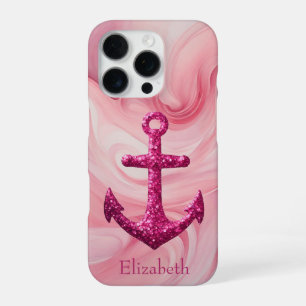 Pink Sparkle Glitter Nautical Sailing Anchor Name iPhone 16 Pro Case