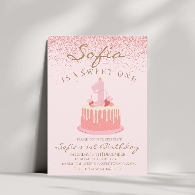 Pink Sparkle Glitter Sweet One 1st Birthday Party Invitation (Creator Uploaded)