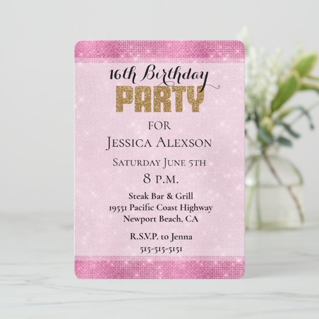 Pink Sparkle Gold Glitter Birthday Invitation (Standing Front)