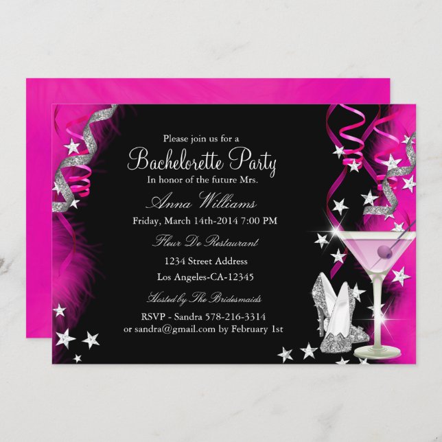 Pink Sparkle Heels & Cocktail Bachelorette Party 2 Invitation (Front/Back)