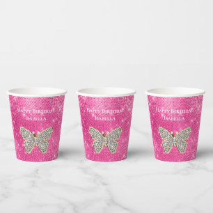 Pink Sparkle Jewelled Butterfly  Paper Cups