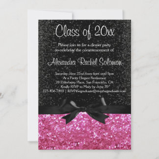 Pink Sparkle-look Black Bow Graduation Invitation