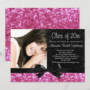 Pink Sparkle-look Bow Photo Graduation Invitation