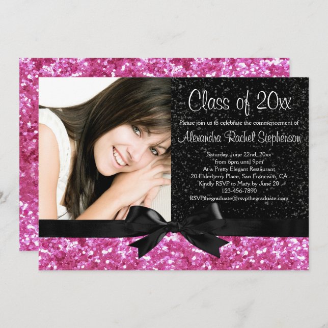 Pink Sparkle-look Bow Photo Graduation Invitation (Front/Back)