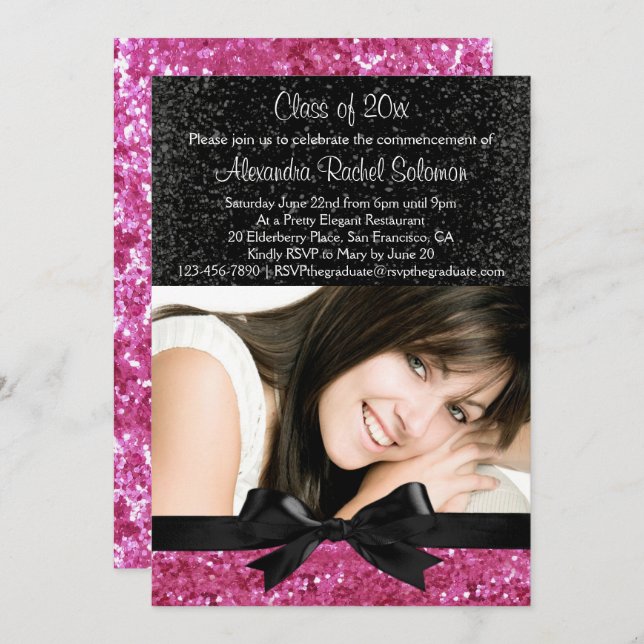 Pink Sparkle-look Bow Photo Graduation Invitation (Front/Back)
