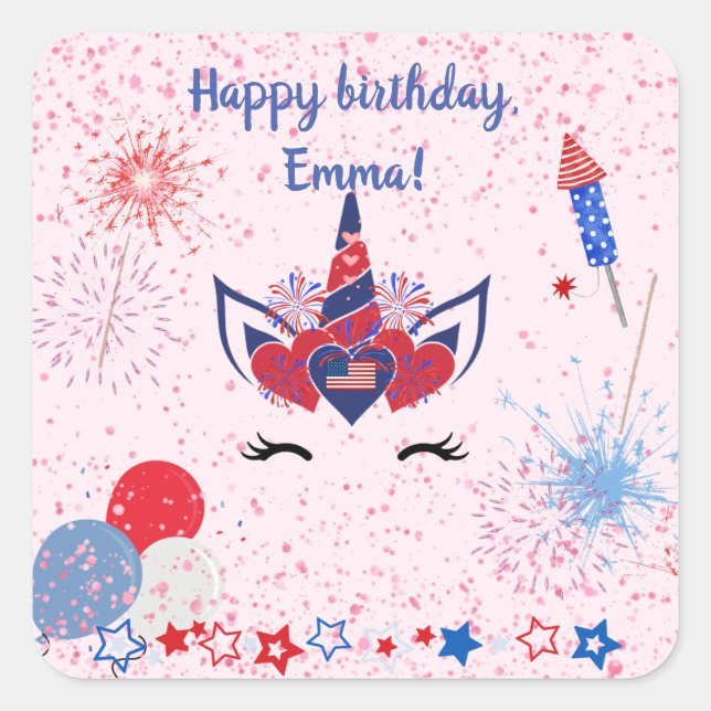 Pink sparkle patriotic unicorn, square sticker (Front)