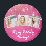 Pink Sparkle Photo Collage Girls Birthday Party Magnet<br><div class="desc">Pretty pink sparkles decorate these cute custom photo collage birthday party magnets for a woman,  teenager,  or little girl who loves sparkly glam gifts. Personalised happy birthday gift with 3 photographs over a hot pink girly background.</div>