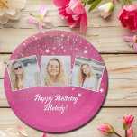 Pink Sparkle Photo Collage Girls Birthday Party Paper Plate<br><div class="desc">Pretty pink sparkles decorate these cute custom photo collage birthday party paper plates for a woman,  teenager,  or little girl who loves sparkly glam gifts. Personalised happy birthday gift with 3 photographs over a hot pink girly background.</div>