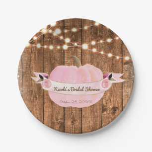 Pink Sparkle Pumpkin Autumn Rustic Wood Lights Paper Plate