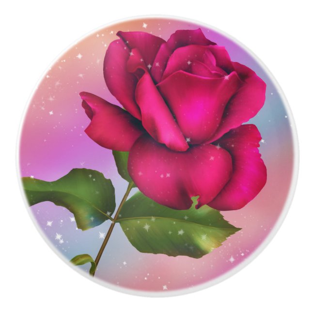 Pink Sparkle Rose Rainbow Pastel Floral Ceramic Knob (Front)
