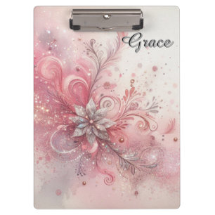 Pink Sparkle Silver Glitter Flower Personalised   Clipboard