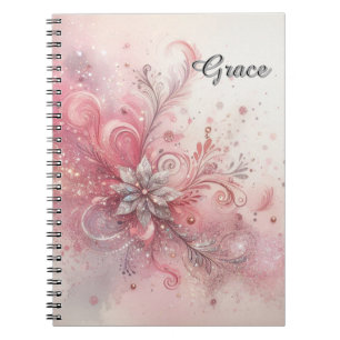 Pink Sparkle Silver Glitter Flower Personalised   Notebook