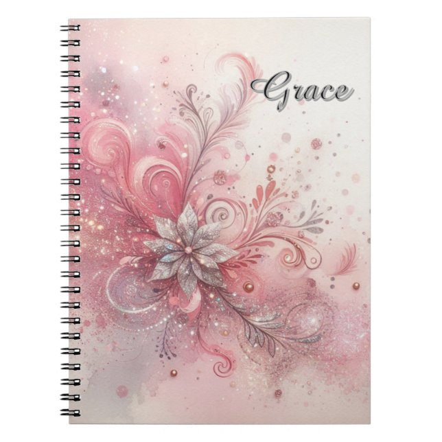 Pink Sparkle Silver Glitter Flower Personalised   Notebook (Front)
