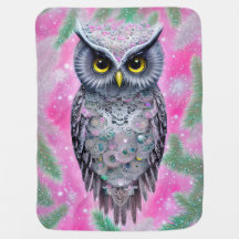 Pink Sparkle Snow Owl Baby Blanket