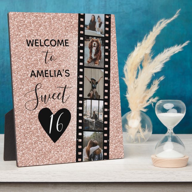 Pink Sparkle Sweet 16 Birthday Welcome Photo   Plaque (Side)