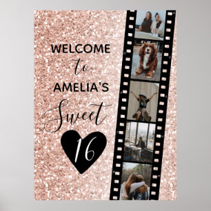 Pink Sparkle Sweet 16 Birthday Welcome Photo Poster