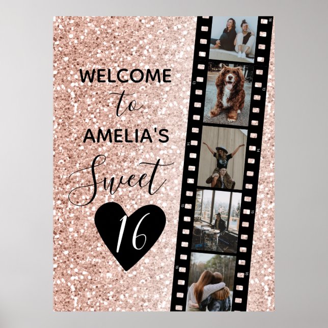 Pink Sparkle Sweet 16 Birthday Welcome Photo Poster (Front)