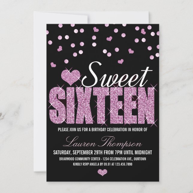 Pink Sparkle Sweet 16 Party Invitations (Front)