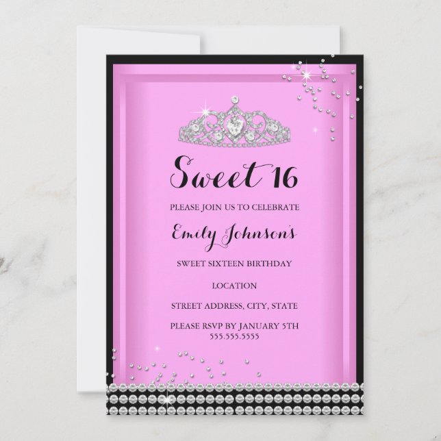 Pink Sparkle Tiara Sweet 16 Birthday Invitation (Front)