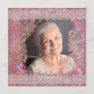 Pink Sparkle Womans Pink Photo 81st Birthday Party Invitation