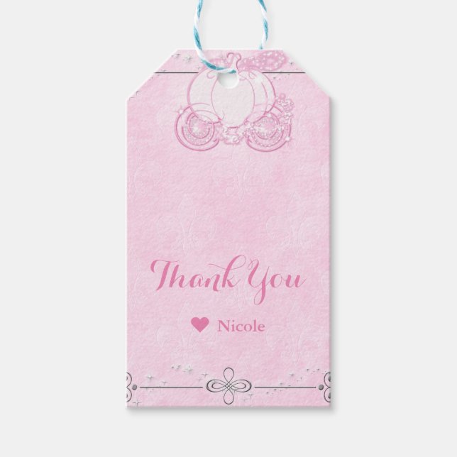Pink Sparkling Cinderella Carriage Party Favour Gift Tags (Front)