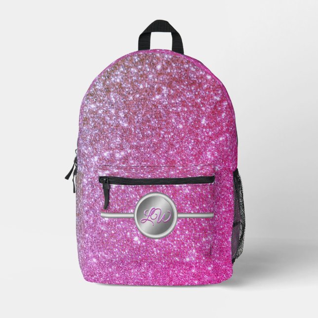 Pink Sparkling Faux Glitter Monogram  Printed Backpack (Front)