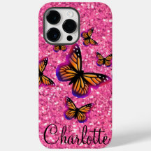 Pink sparkling glitter butterflies monogrammed