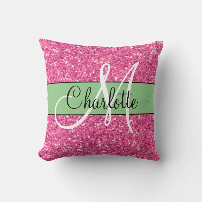 Pink sparkling glitter monogrammed     cushion (Front)