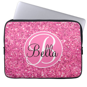 Pink sparkling glitter pattern monogrammed laptop sleeve