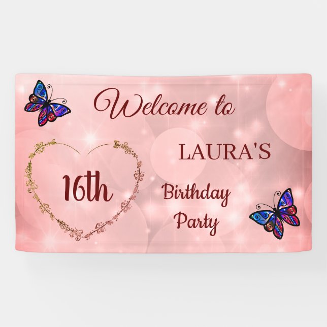 Pink Sparkly Butterfly personalised 16th Birthday Banner (Horizontal)