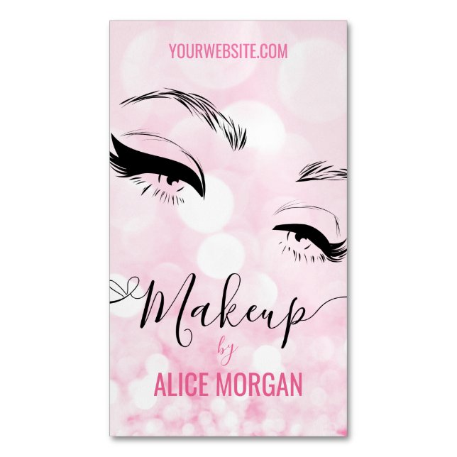 Pink Sparkly Makeup Artist Glamour Bokeh Sequin QR Magnetic Business Card (Front Vertical)