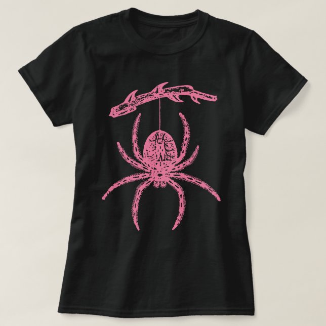 Pink Spider Hanging From Branch T-Shirt (Design Front)