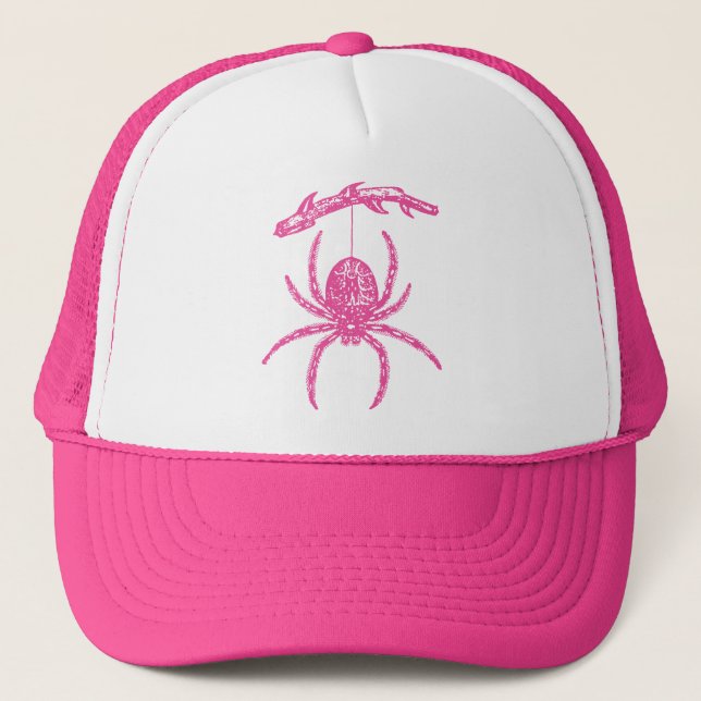 Pink Spider Hanging From Branch Trucker Hat (Front)