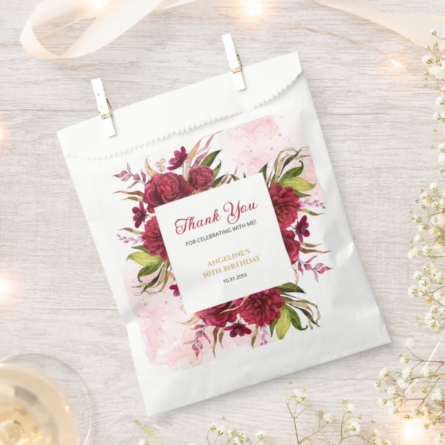 Pink Splash Burgundy Dahlia Rose Birthday Favour Bags (Clipped)