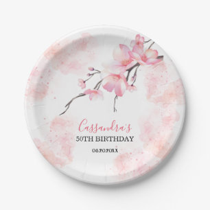 Pink Splash Cherry Blossom Floral Birthday Paper Plate