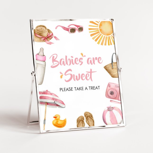 Pink Splish Splash Baby Shower Babies are Sweet Poster (Girl Summer Beach Baby Shower Babies are Sweet Sign)