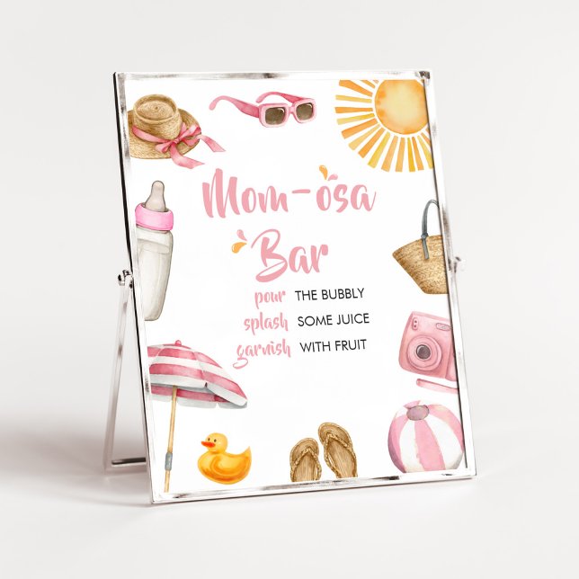 Pink Splish Splash Baby Shower Mum Osa Bar Poster (Girl Summer Beach Baby Shower Mom Osa Bar Sign)