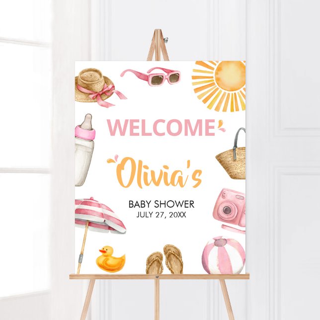 Pink Splish Splash Baby Shower Welcome Poster (Girl Summer Beach Baby Shower Welcome Sign)