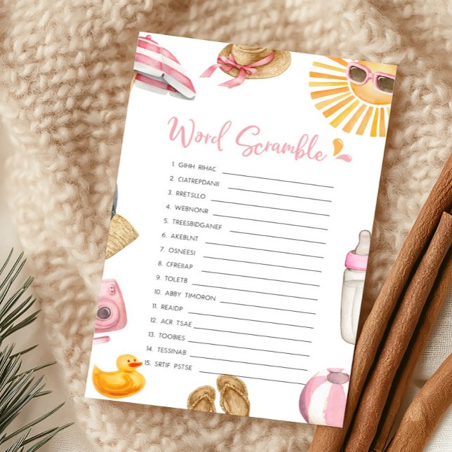 Pink Splish Splash Baby Shower Word Scramble Game (Girl Summer Beach Baby Shower Word Scramble Game)