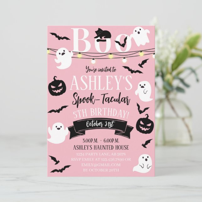 Pink Spook-Tacular Haunted Birthday Invitation (Standing Front)