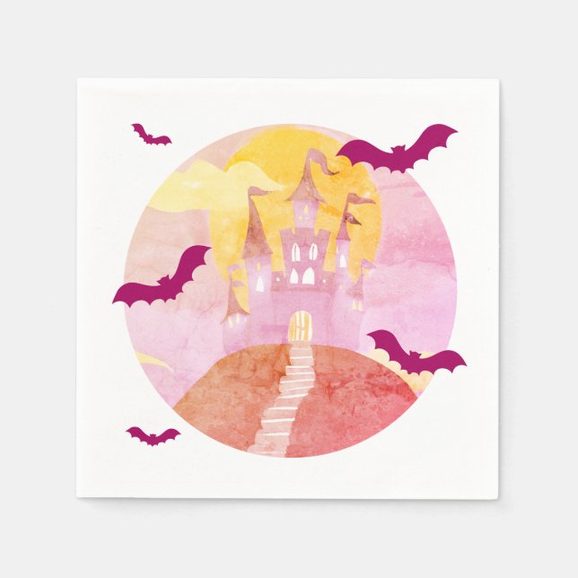 Pink Spooky Castle on Hill Halloween Party Napkin (Front)