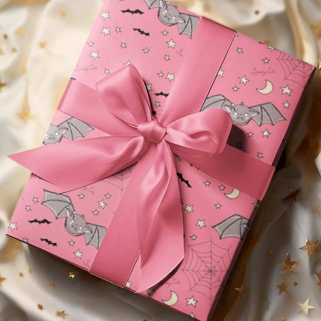 Pink Spooky Cute Bats Halloween Wrapping Paper (Adorable Kids Halloween Spooky Cute Bats, Moons, Stars, Spider Webs & Hand-written "Spooky Cute".)