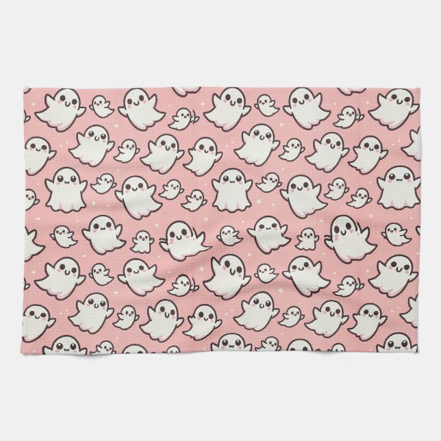 Pink Spooky Ghost Pattern Halloween Tea Towel (Horizontal)