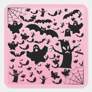 Pink Spooky Ghost Scene Design Square Sticker