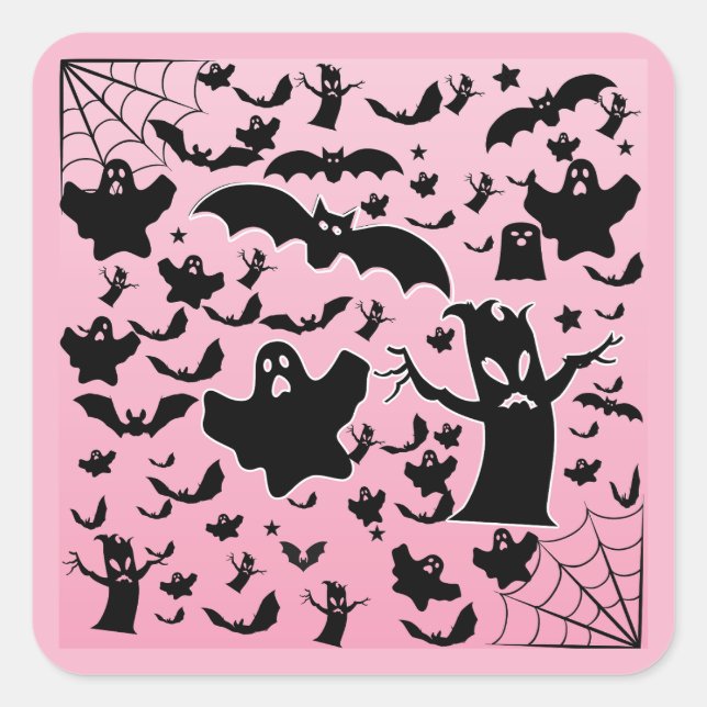 Pink Spooky Ghost Scene Design Square Sticker (Front)