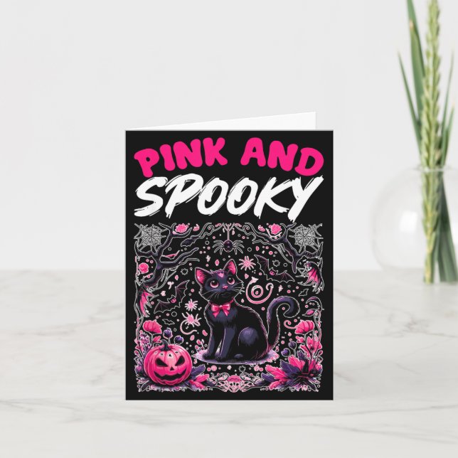 Pink Spooky Halloween Black Cat Bat Spider Card (Front)