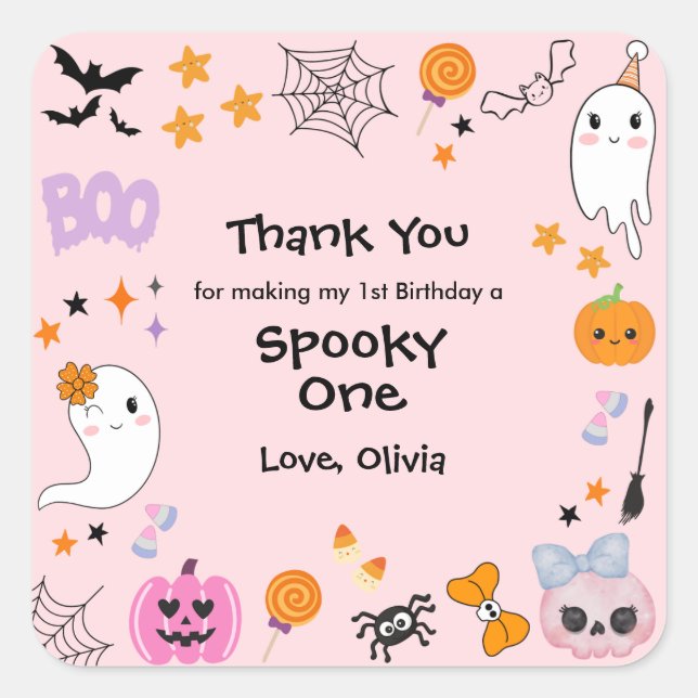 Pink Spooky One Cute Ghost Halloween 1st Birthday Square Sticker (Front)