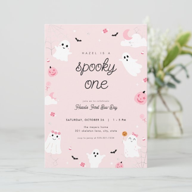 Pink Spooky One First Birthday Party Invitation (Standing Front)