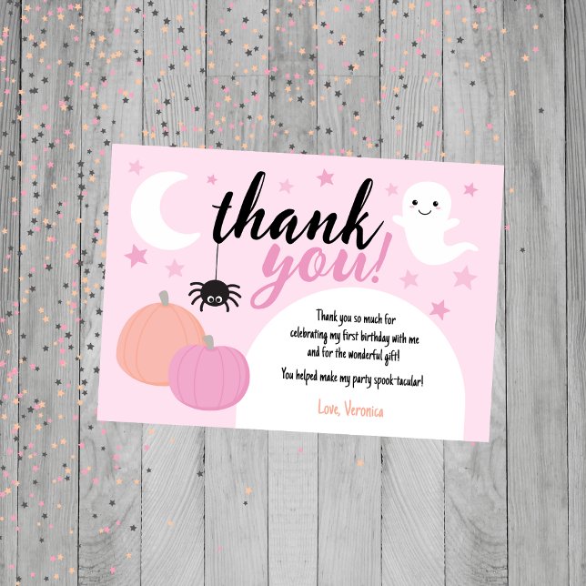 Pink Spooky One First Birthday Thank You Card (Pink Halloween Thank You Card)