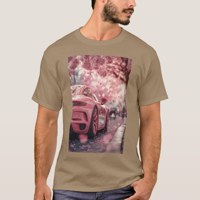 Pink Sports Car Cherry Blossoms retro T-Shirt (Front)
